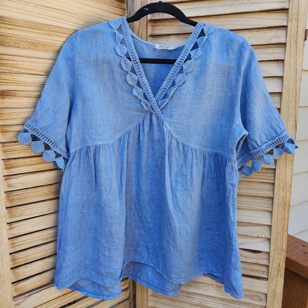 Spaziochic 100% Linen MEDIUM Blue V-Neck Crochet Trim Boho Top Made in Italy